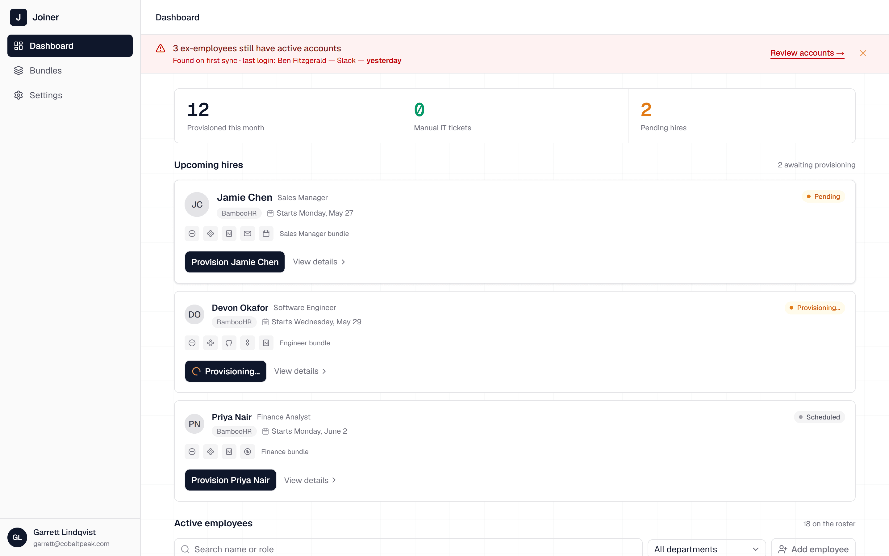 Joiner dashboard provisioning new hires across Google, Slack, and Notion.