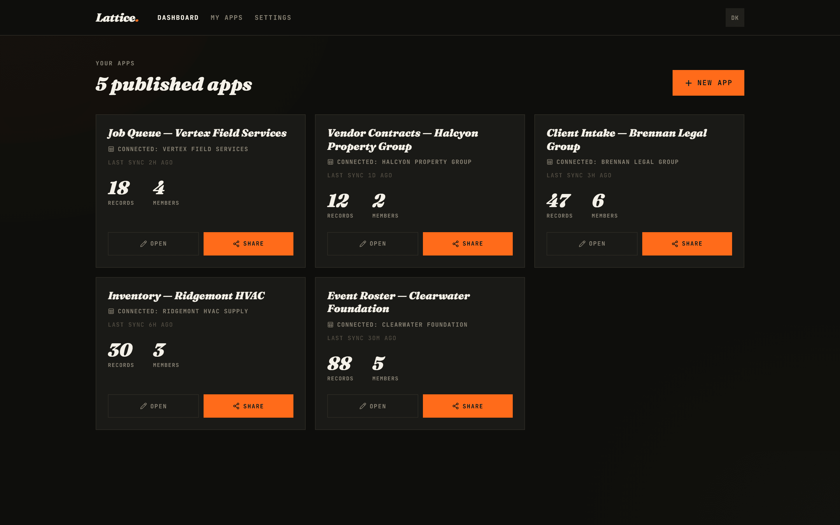 Lattice dashboard of published web apps built from Google Sheets.