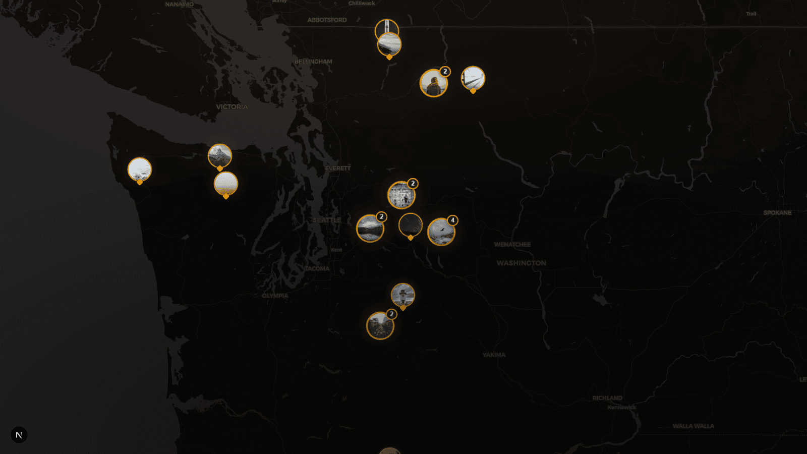 Dark product map with clustered field photos pinned to their job locations.