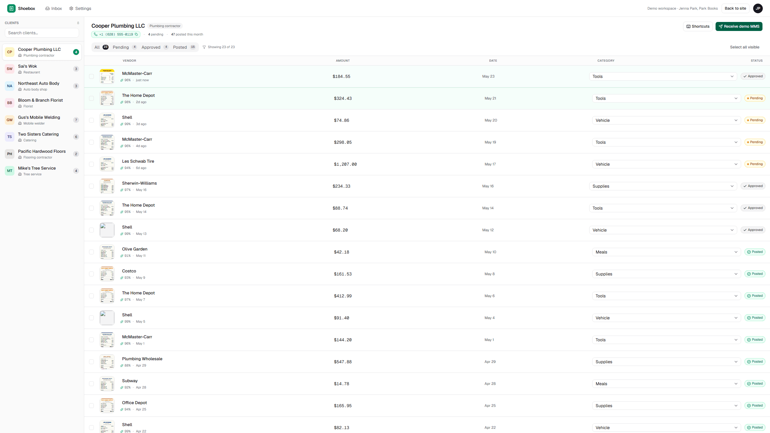 SMS Receipts interface showing an incoming receipt parsed into structured bookkeeping fields.