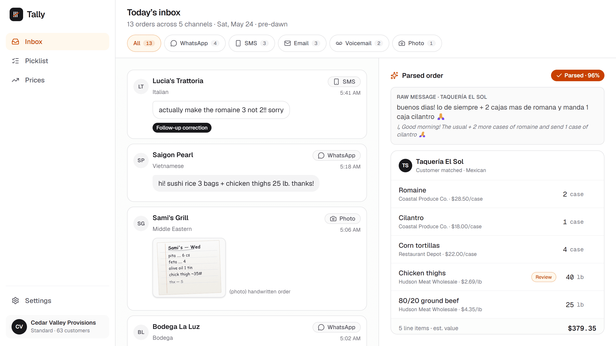 Tally interface parsing messy restaurant orders into clean line items.
